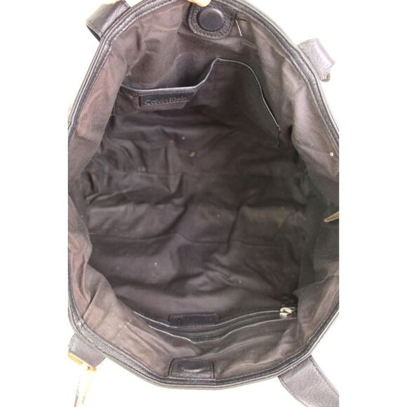 ROOMY Calvin Klein BLACK REAL LEATHER LOGO SHOULDER BAG HANDBAG TOTE HOBO PURSE - Picture 8 of 16